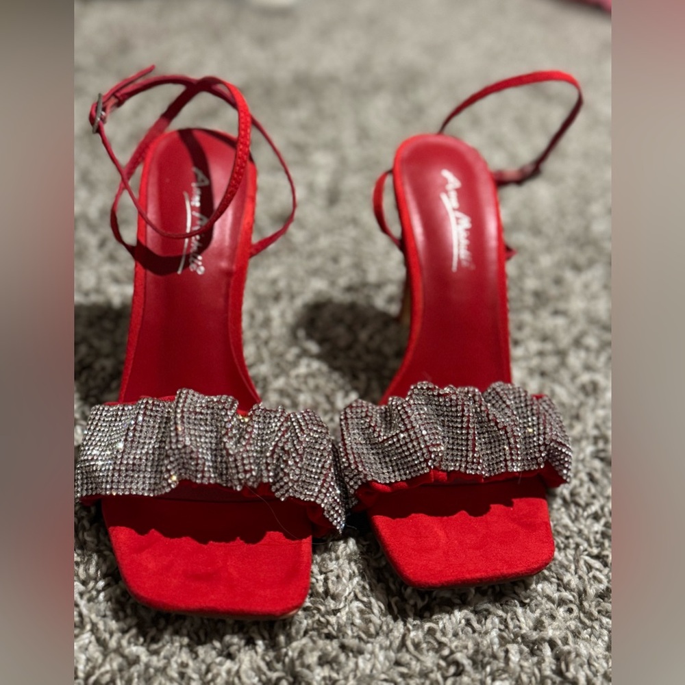 Red Crystal-Embellished Strap Heels